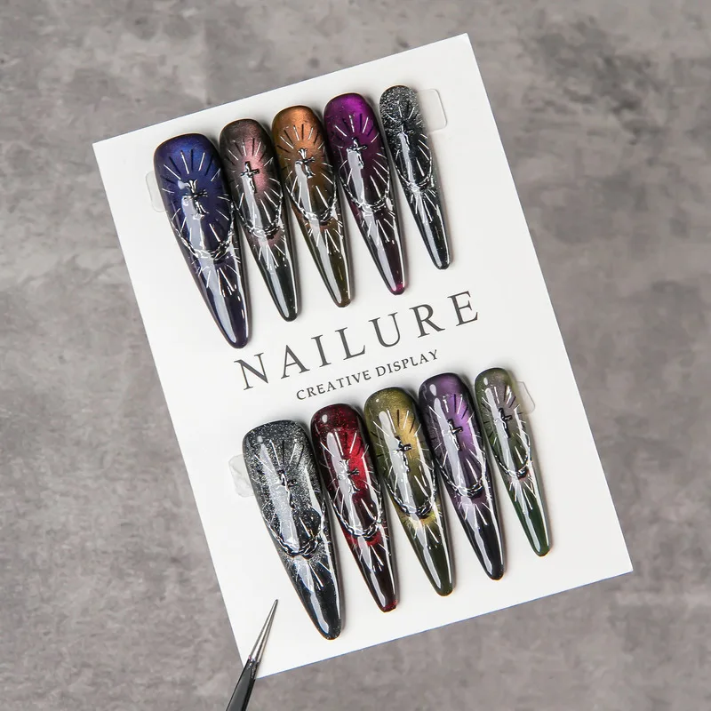 Gothic Cross Metal Press On Nails Extra Long Stiletto Fake Nails Multicolor Cat Eye Glossy False Nail Tips Women Punk Party DIY
