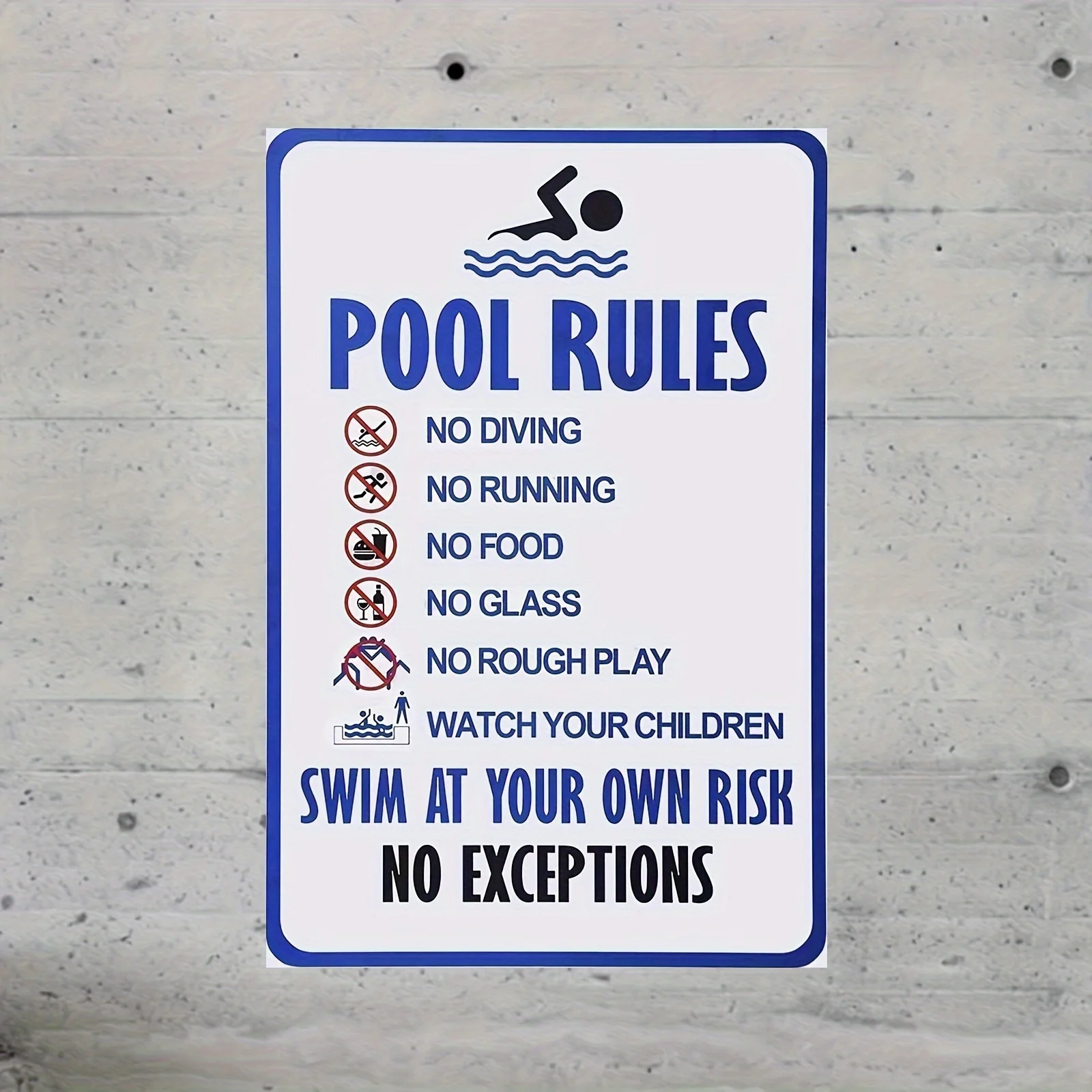 Metallschild „Pool-Regeln“ – Universelle Sicherheits-Wanddekoration für den Pool, ohne Rahmen, personalisierbar mit eigener Warnung über eigenständige Verantwortung, W