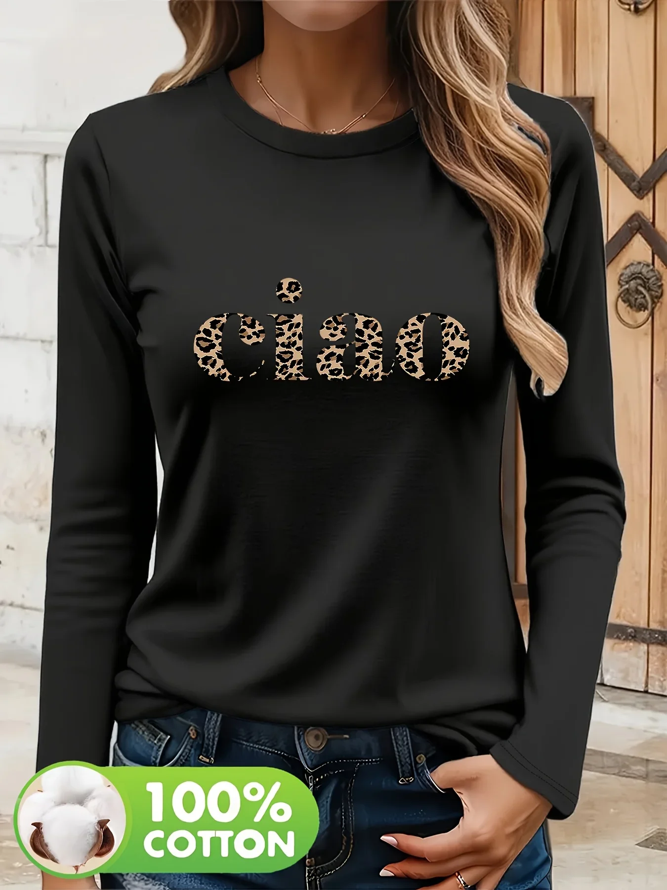 Y2k 100% Cotton Casual Long Sleeve T-Shirt with Leopard Print 