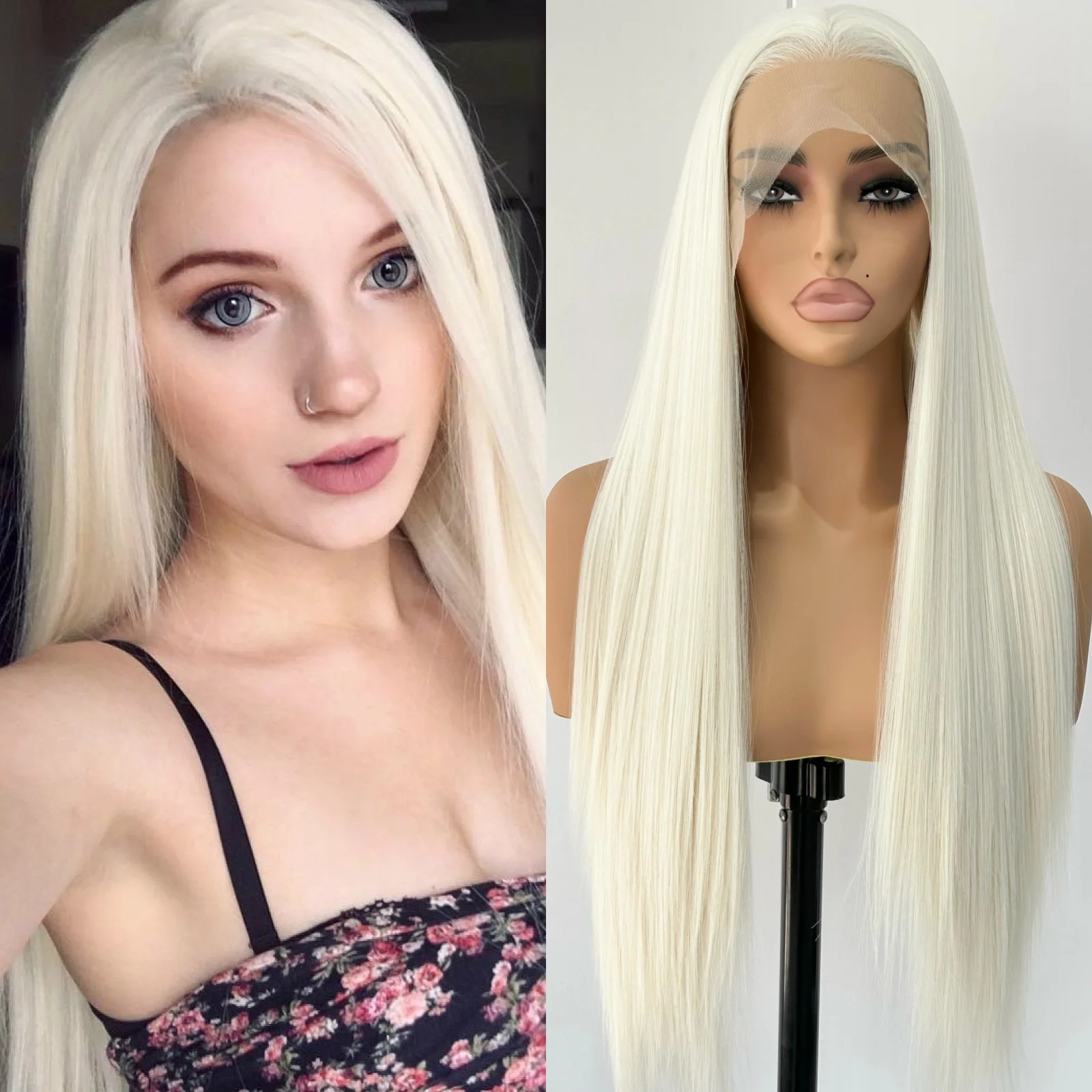 

Blonde Wig Straight Synthetic Lace Front Wig Glueless Wig Long Blonde Synthetic Hair Lace Wigs for Women Platinum White Blonde