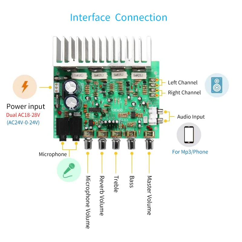 250W Audio Amplifier 2.0 Channels 2X250W High Power Amplifiers Board 2KS385 PT2399 With Reverb Microphone For Karaoke Sound Syst