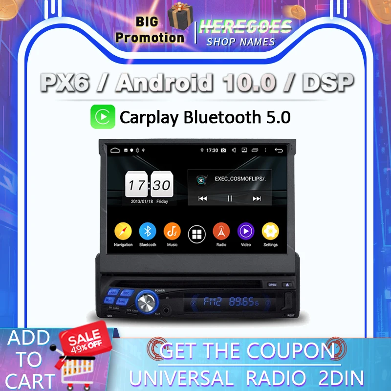 Carplay 7 inch PX5 DSP Android 11.0 Car Multimedia Player 4G+64GB Bluetooth 5 Wifi GPS Navigation For Universal Radio 1din 1 din