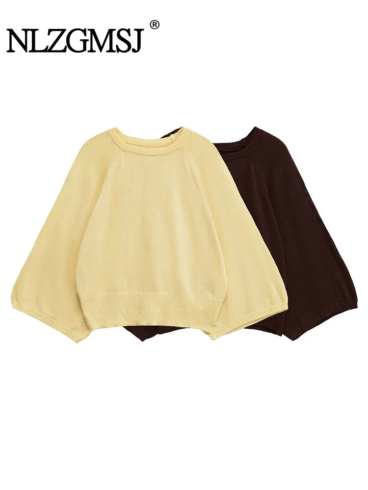 

NLZGMSJ 2025 осенний женский шикарный однотонный серый женский свитер с длинными расклешенными рукавами, модный пуловер, винтажный трикотаж