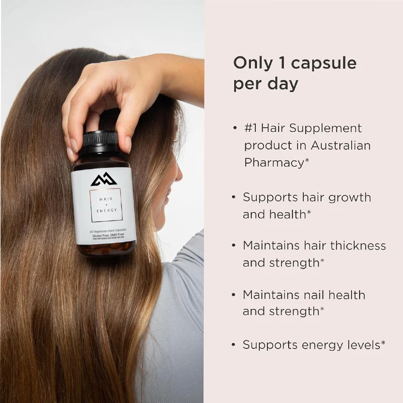 Hair and Energy Formula: 60 capsules containing vitamins, zinc, and iodine supplements to support thicker and longer hair