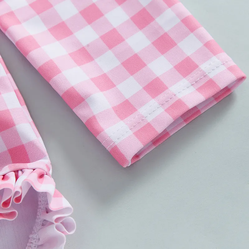 6ヶ月から4歳の幼児女の子ラッシュガード水着帽子付き2点セットチェック柄ジップアップ長袖クルーネック水着