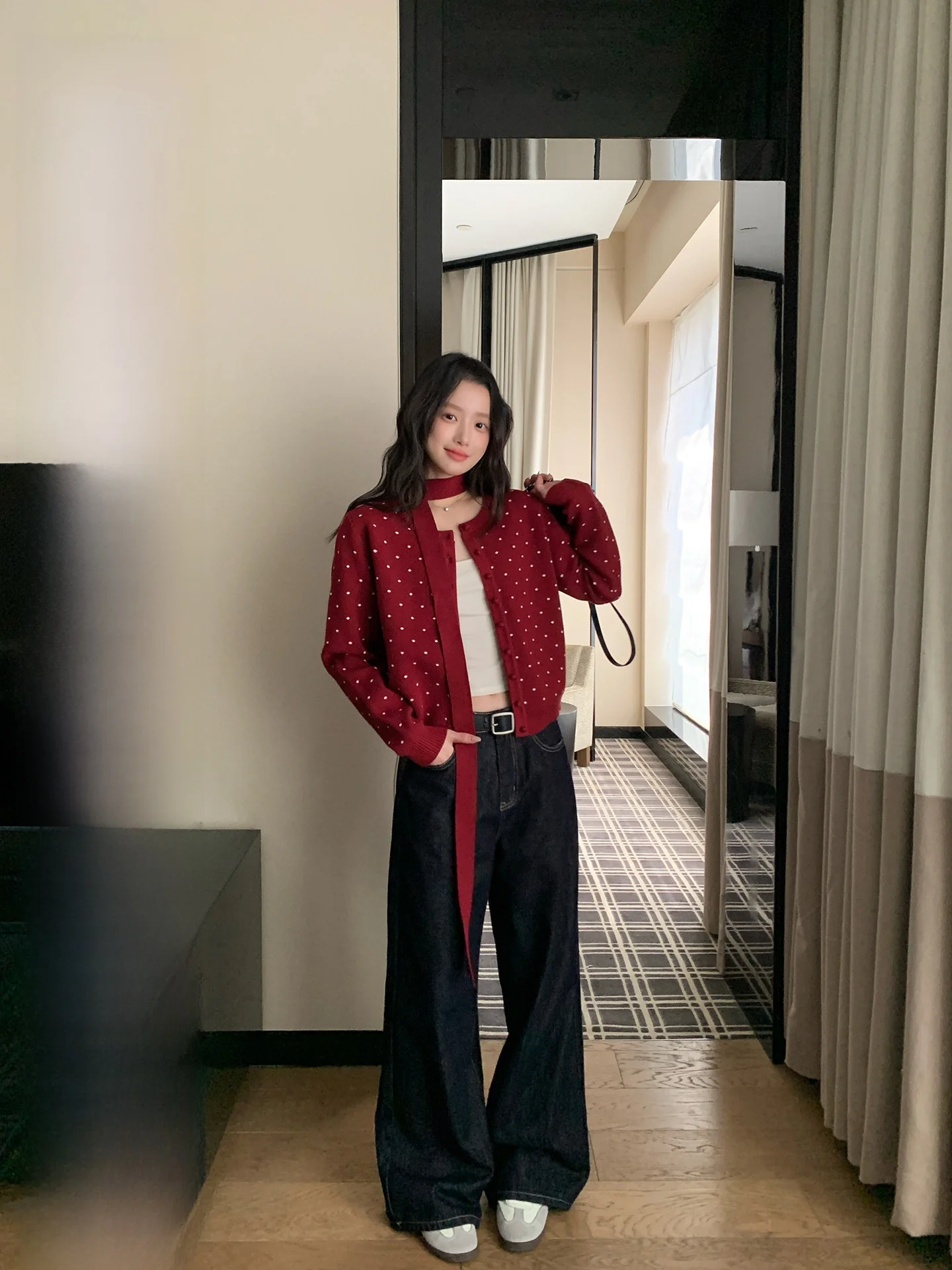 

YOKLASS Vintage Wine Red Polka Dot Knitted Sweater Women's Loose Top Korean Sle Autumn New Arrival Warmth Heating Function