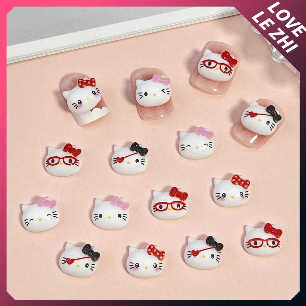 20Pcs Mixed Kawaii 3D Hello Kittys Nail Charm Party Sticker Cat's Head Pink Bowknot Resin Nail Accessories Girl Party Sticker