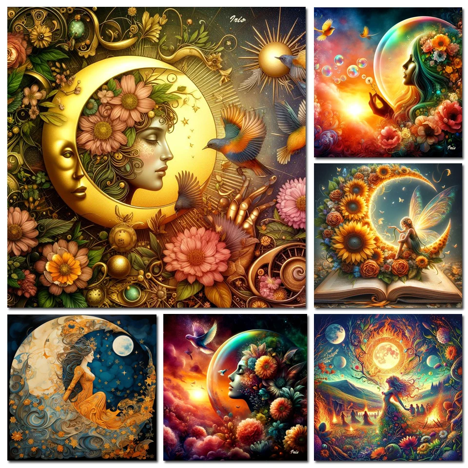 Diamond Mosaic Paintings Celestial Sun And Moon Full Rhinestones 5D DIY Diamond Painting Cross Stitch Flower Goddess Embroidery