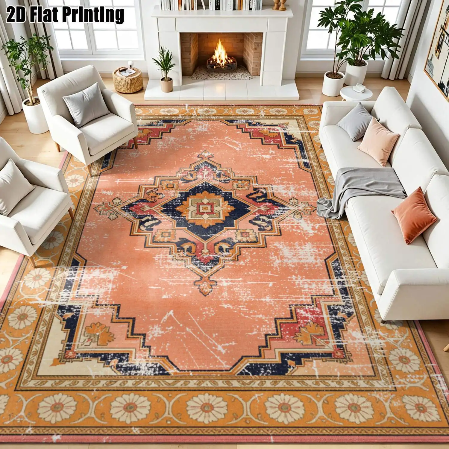 1Pc 2D Printed Pink Retro Geometric Carpet: European, Retro, Floral, Bohemian Style, Home Decor, Multi-Size, Machine Washable, Suitable for Entrance, Dining Room, Foyer, Bedroom, Living Room as a Mat/Carpet