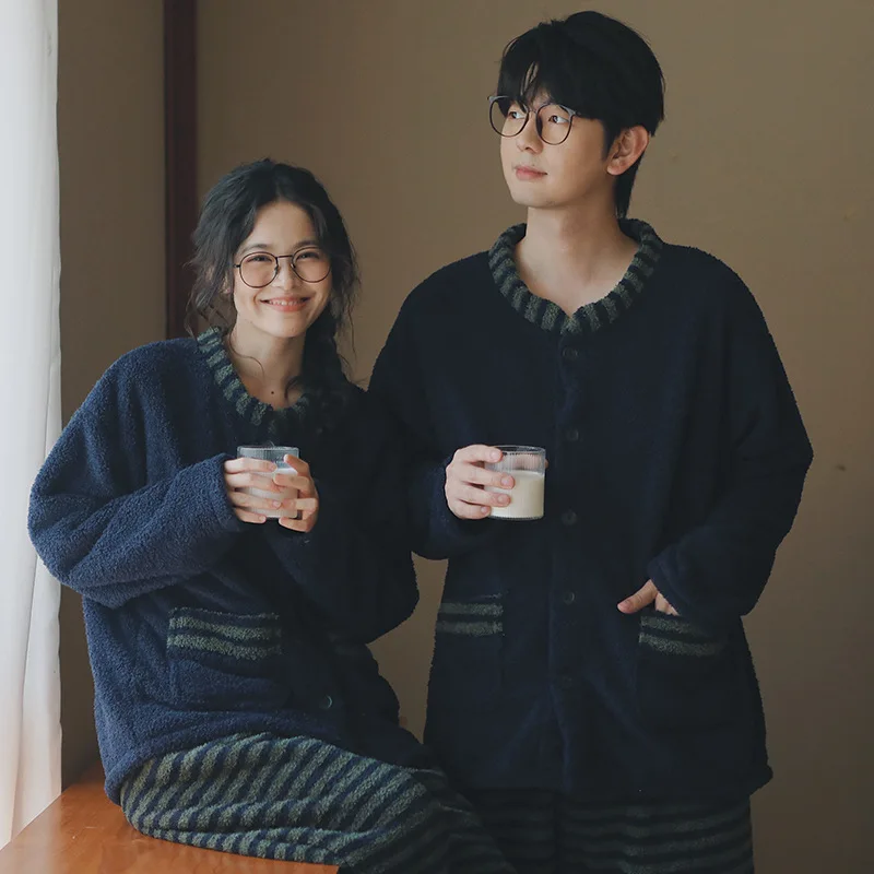 

Thickened Half-Fleece Pajamas for Men And Women Autumn Winter Home Clothes Couple Set Wearable Outer Large Size Sleepwear