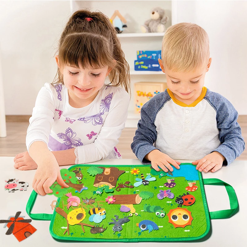 Conjunto de placa de feltro de viagem portátil bug inseto fazenda universo montessori brinquedos storytelling atividade pré-escolar aprendizagem precoce para crianças