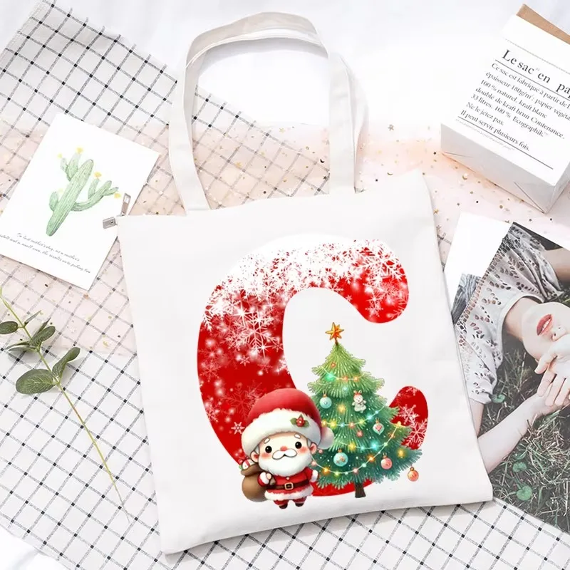 Christmas Letter C Canvas Tote Bag Cute Santa Claus Xmas Tree Snowflake Print Shoulder Handbag Casual Shopping Bag