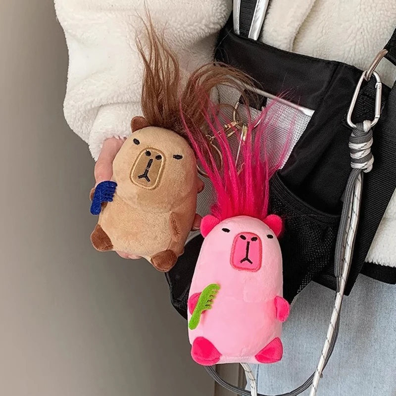 Kawaii Capibara Pendant Creative Plush Keychain Hair Combing Freak Toy Fluffy Water Porpoise Key Chain Bagpack Accessories