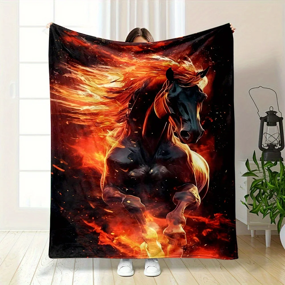 Luxurious Flannel Throw Blanket with Fiery Black Horse Print - Soft, Reversible, All-Season Comfort for Couch, Bed, Office