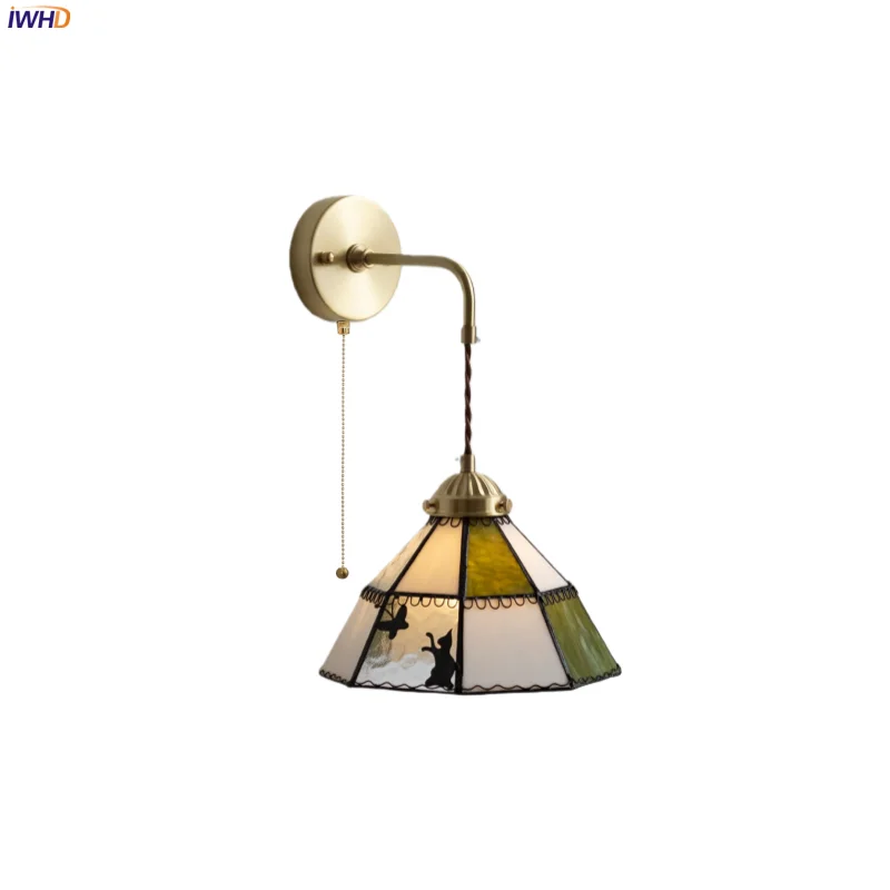 

IWHD Creative Glass LED Wall Light Fixture Living Room Kitchen Pull Chain Switch American Vintage Copper Bedside Lamps Wandlamp