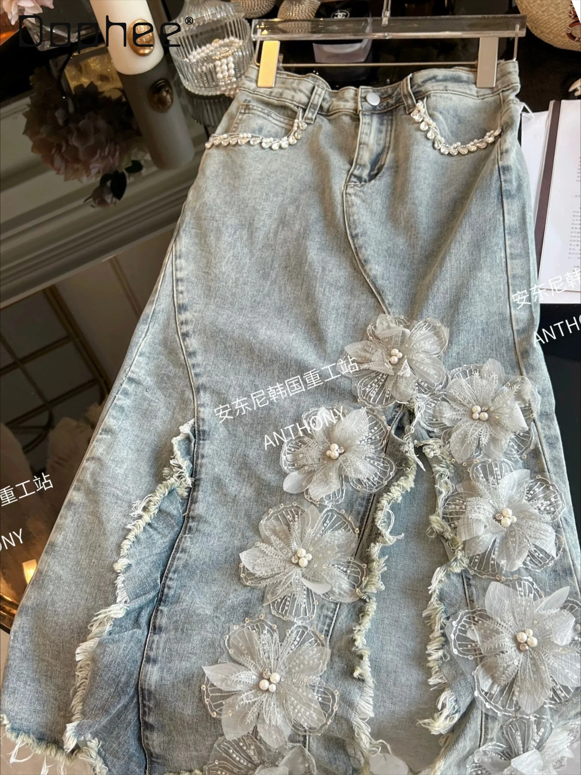

Spring Summer 2026 New Heavy Industry Beaded Rhinestone Denim Skirt Women High Waist Slim Split Irregular Mid-length Skirts
