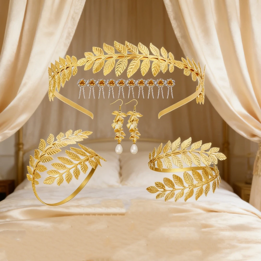 

15 Pieces Greek Goddess Headpiece Accessories Headpiece Bracelets Earrings Pins, Golden Leaf Armband Headband for Women Party