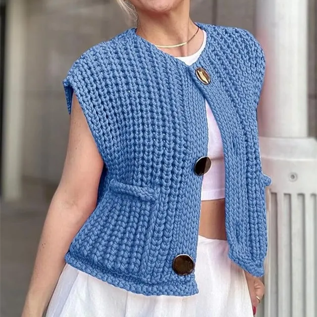 Gaono Women Button Down Sweater Vest Chunky Knit Sleeveless Cropped Cardigan Round Neck Vest Crochet Knitted Crop Top