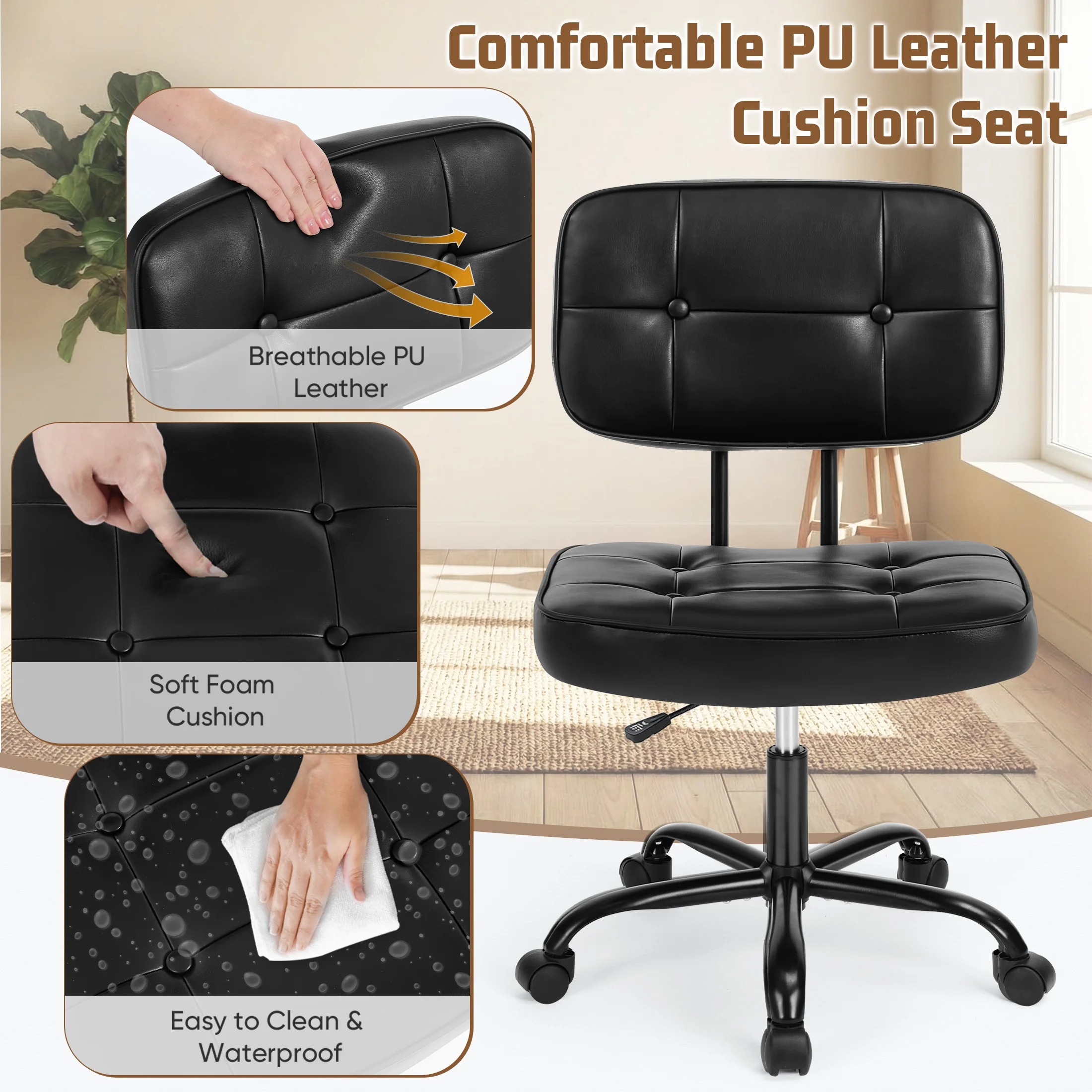 MCQ Armless PU Leather Ergonomic Office Chair with Swivel Rolling Adjustable Height Gaming Racing Chair For Home Office