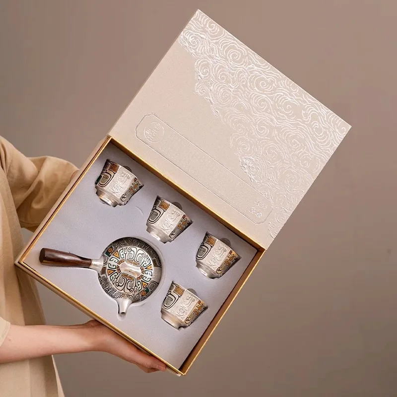 Handcrafted tea set - cups, lids and teapot. Home-style Kung Fu tea set. Ceramic tea cups for drinking. Gift and present items.