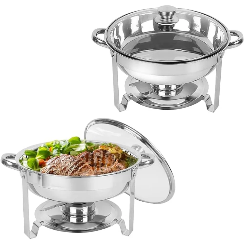 

Chafing Dish Buffet Set of 2, 5QT Round Stainless Steel Chafer for Catering in Glass Lid, Chafers and Buffet Warmer Sets w/Food