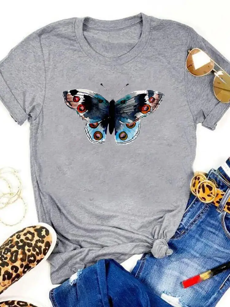 

Летние футболки с мультяшными акварельными бабочками, женская рубашка с мультяшным принтом, женская одежда с коротким рукавом, модная футболка с графическим принтом