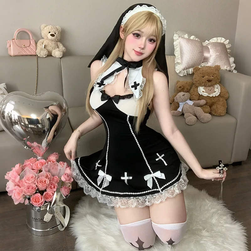 2025 جديد ملابس داخلية ساخنة أنيمي فتاة نون خادمة موحدة فستان متقاطع جوارب وتتسابق تأثيري ازياء