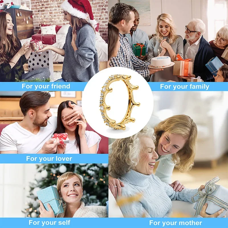 جديد 925 فضة كلاسيكي ذهبي اللون على شكل قلب تاج خاتم رائع فاخر لامع سحر المرأة مجوهرات مفاجأة الهدايا