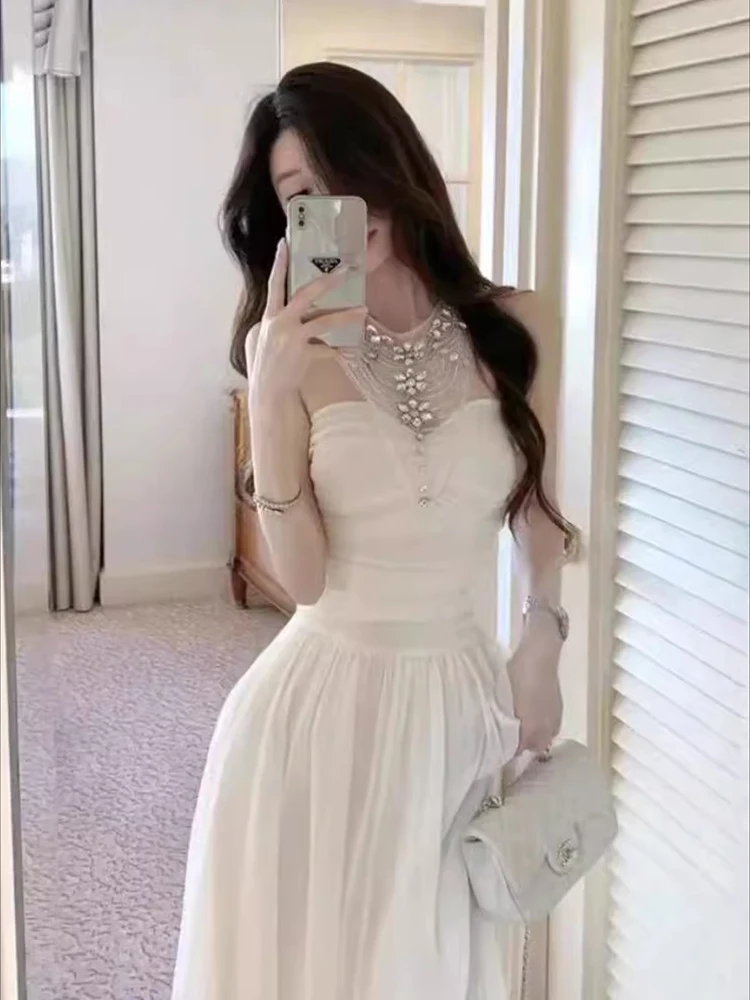 

Hanging neck temperament dress women's high-end French style heavy industry diamond slim hugging hip skirt birthday dress