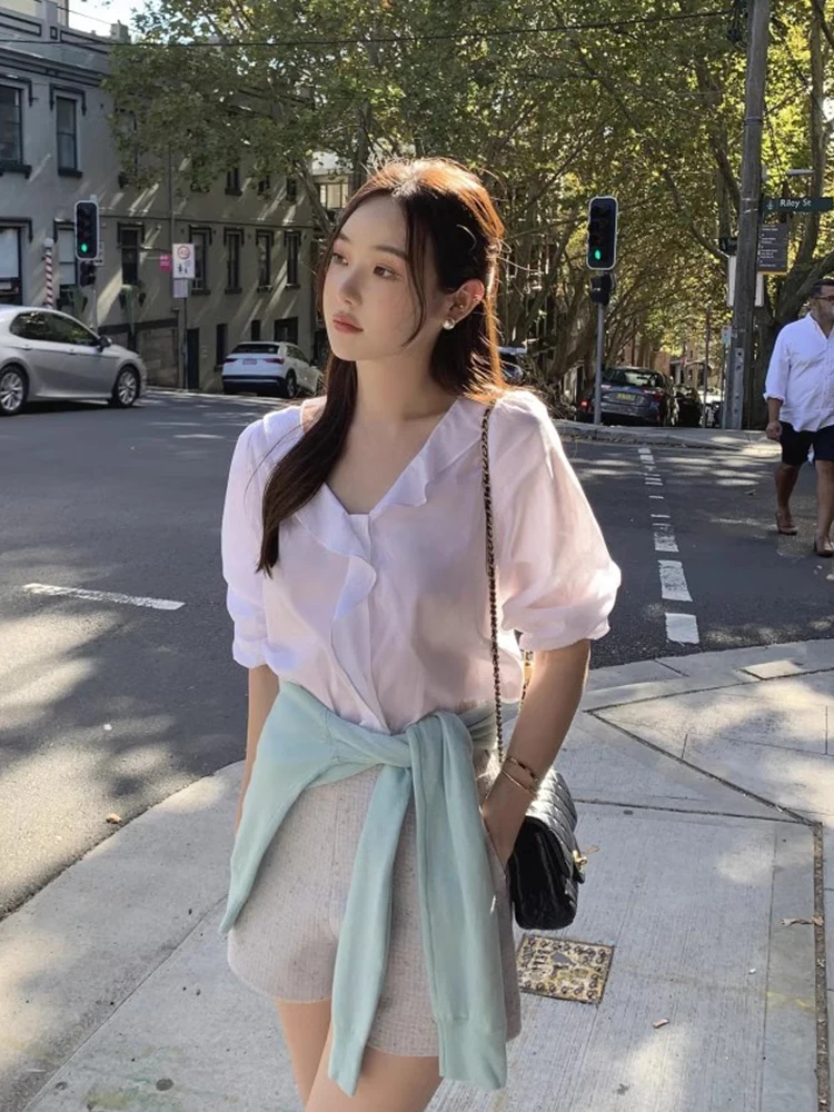 Chique lente zomer lang Sve V-Ne enkele knop casual losse veelzijdige kanten rand irt top anti-aging faion dames clo...