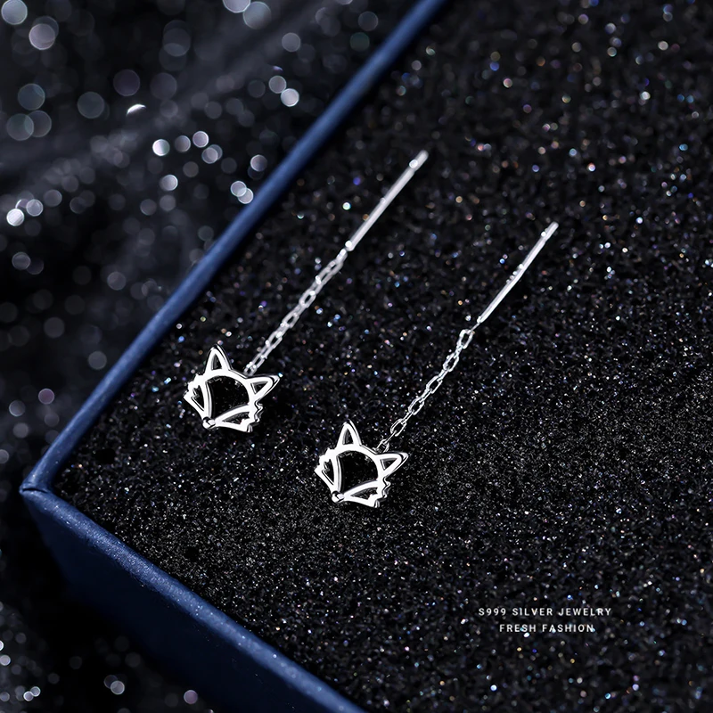 SOFTPIG ريال 925 فضة الجوف الثعلب سلسلة قصيرة شرابة وأقراط للنساء حفلة الحيوان غرامة مجوهرات اكسسوارات