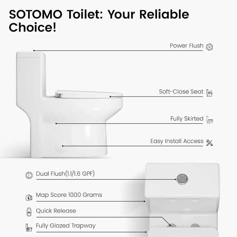 

Elongated One Piece Toilet, 12" Rough-In, Compact Design, Dual Flush 1.1/1.6 GPF, Soft-Close Seat, White