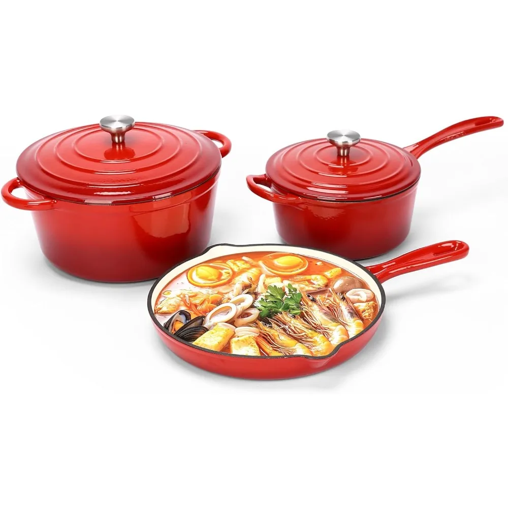 Nonstick Enameled Cast Iron Cookware Set, 5-Pcs Pots and Pans with Lid, Frying Pan Skillet, Sauce Pan, Healthy Round Dutch Oven