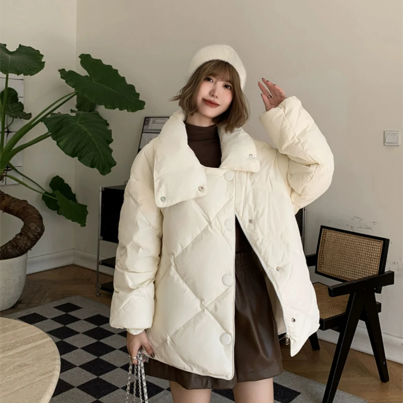 

Stand-up Collar Coats Down Women Jacket Diamond Lattice Korean Fashion Outerwear Warm Loose Puffer Coats Windproof Down Jacket