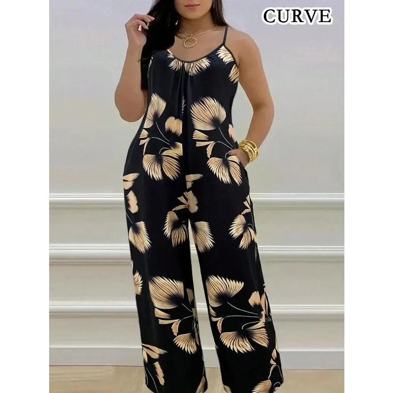 

Plus Size 1XL-5XL New Women's Spring Summer Fashionable Leaf Print Jumpsuit Wide Leg Pants Overalls Women Casual Long Overalls