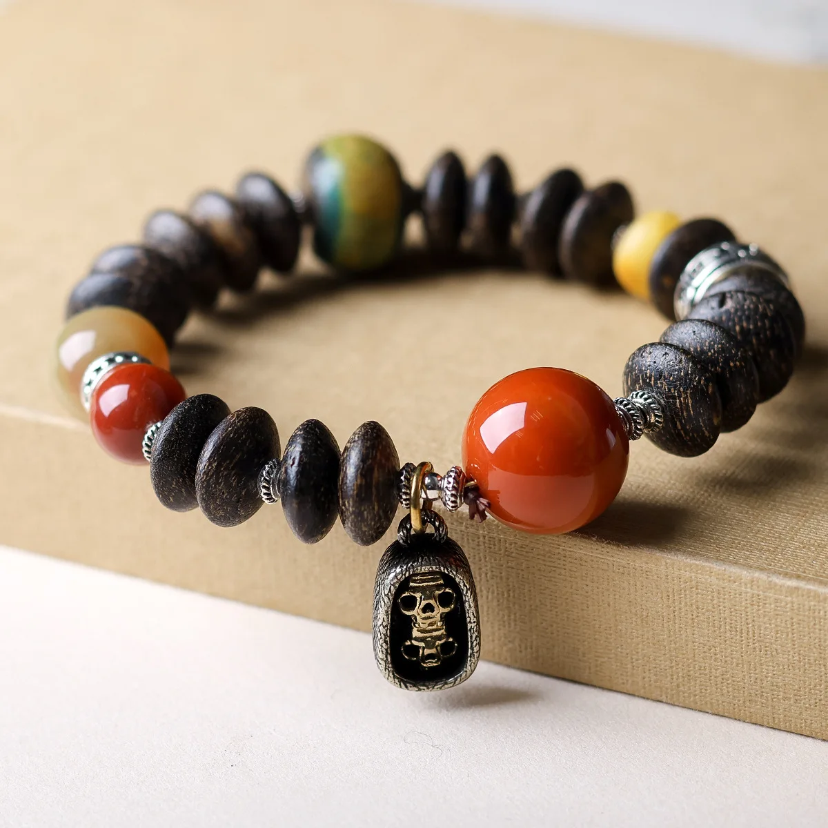 

Worm Leak Agarwood Bracelet with Tibetan Vajra Warring States Red Agate Ethnic Style Buddhist Beads Bracelet Gifts