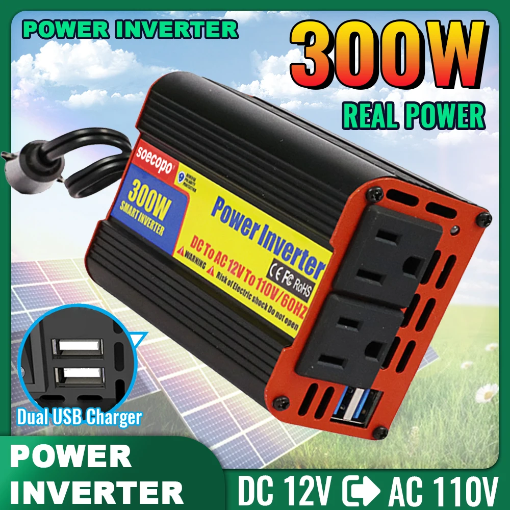 Car Inverter 300W 12V to 110V AC Dual USB Cigarette Lighter Wire Overload Protection Portable Power Adapter for Car Home Camping