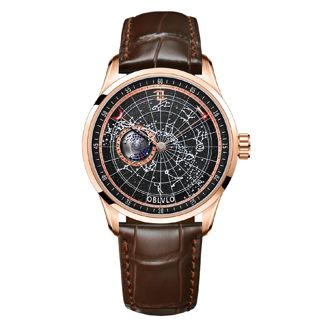 Модные Мужские автоматические механические часы OBLVLO, светящиеся водонепроницаемые часы с кожаным ремешком и 12 созвездиями, Подарочные часы GC