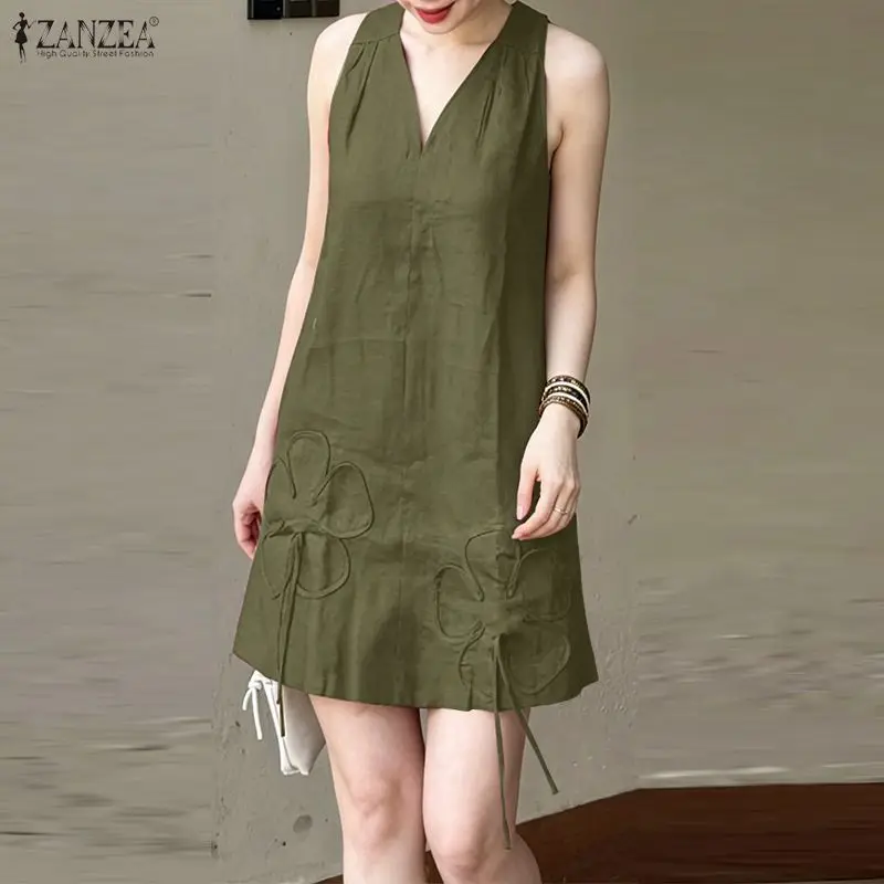 ZANZEA Damen-Kleider mit Blumenapplikationen, lässig, V-Ausschnitt, ärmellos, einfarbig, knielanges Kleid, Sommerkleid, lockeres Sommerkleid aus Baumwolle und Leinen