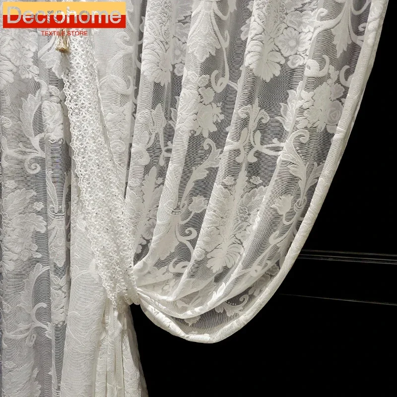 

White Jacquard Gauze Curtains Lace Embroidery Curtains for Living Room Bedroom Floor Windows Floating Window Customised