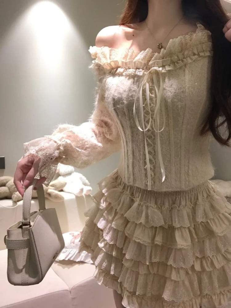 

Новые французские элегантные модные комплекты из 2 предметов: женские топы с длинными рукавами в стиле Y2K + мини-юбки, японские повседневные наряды для вечеринок, шикарные образы