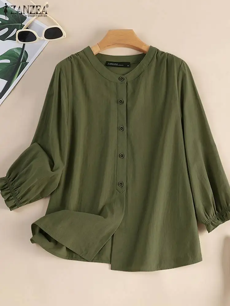 ZANZEA 2023 Autumn Shirt Women Korean Style Vintage Cotton Linen 3/4 Sleeve Tops Button Down O-Neck Shirts Tunic Top Blusas