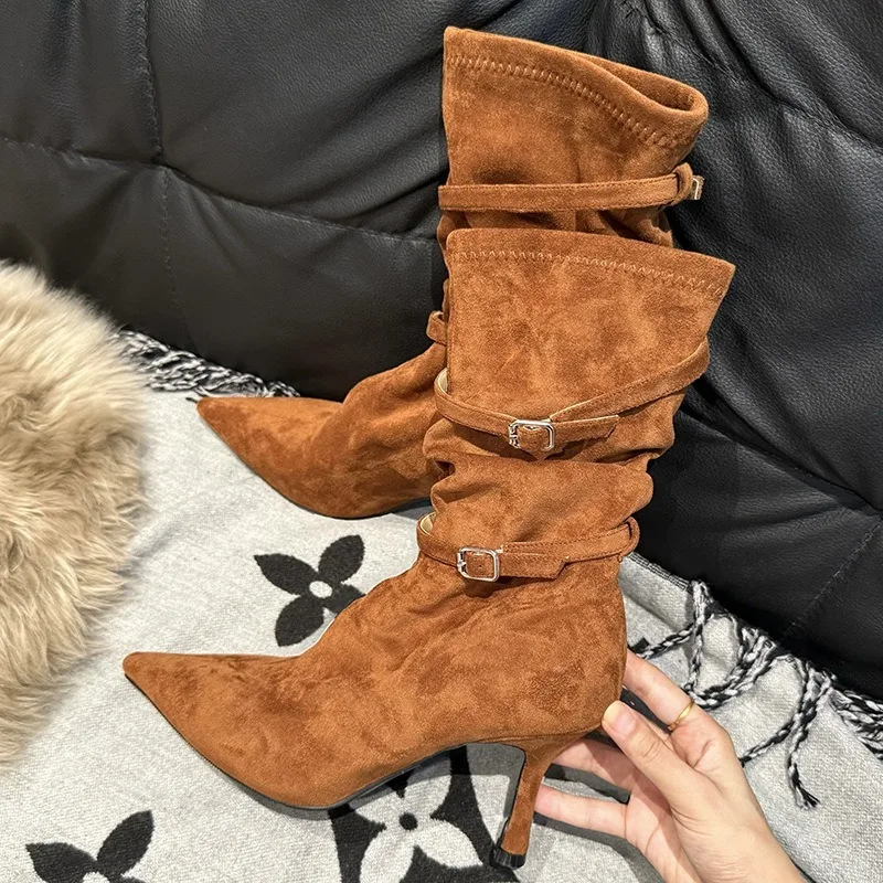 

Winter Pleated Suede Ankle Boots Women Fashion Belt Buckle Design Pointed Toe High Heel Boots Comfortable Light Short Boots