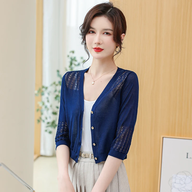 Women's mulberry silk single breasted knitwear 2023 summer transparent thin cardigan ladies slim hollow out short knit outwear