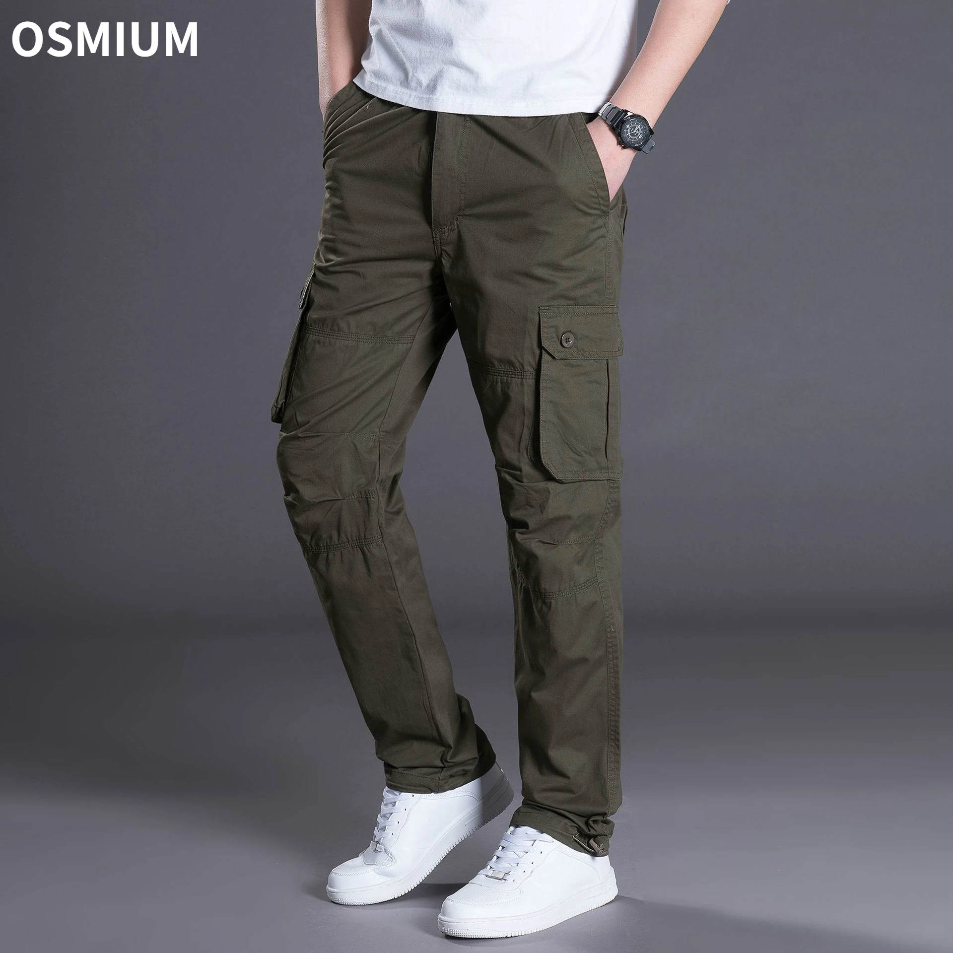 

Spring Men Trousers Boys Cotton Multi-pocket Overalls Casual Green Cargo Pants Male Long Straight Mens Large Size Sports Pants