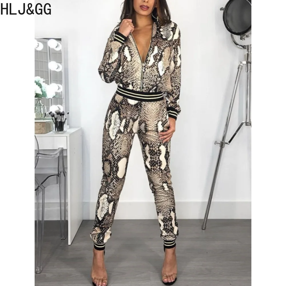 HLJ&GG Casual Snake Pattern Printing Two Piece Sets Women Zipper Long Sleeve Coats And Skinny Pants Outfits Female 2pcs Clothing