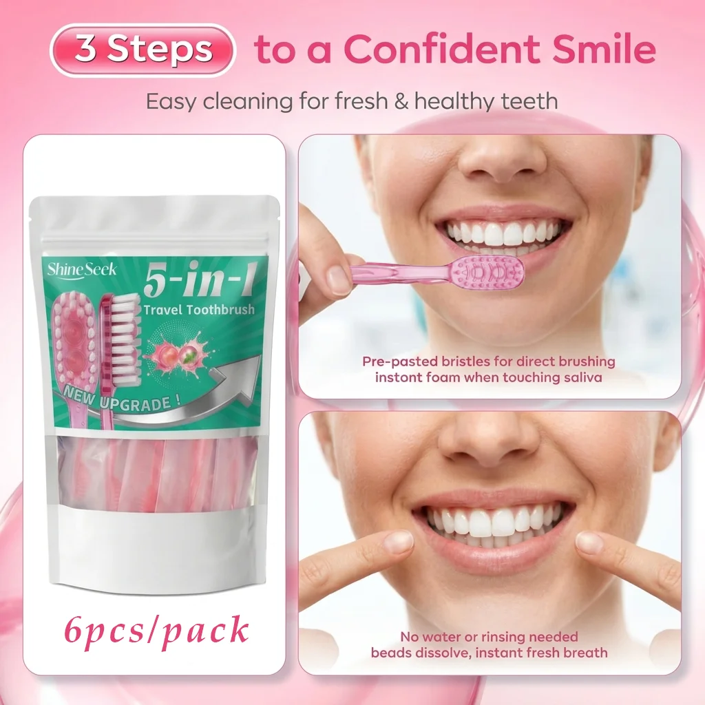 6-Piece Large Capacity Set, 5-in-1 Multifunctional Toothbrush Care Set with Peach Mint Flavor, Includes Two Freshening Beads + Toothbrush + Dental Floss + Interdental Cleaning Stick + Tongue Scraper, Convenient and Soft, Soft Bristle Design, Teeth and Gum Care |   Travel Essentials |   Individually Packaged |   Soft |   Mint Flavor |   Travel Toothbrushes Are the Best Choice for Smart Families!
