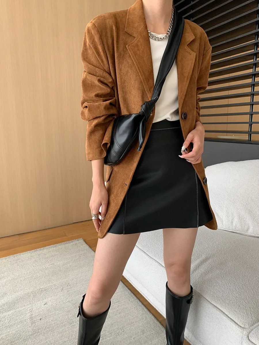 Brown Faux Suede Jacket Women Fall Oversized Blazer 2024 Autumn Dressy Coat Work Office