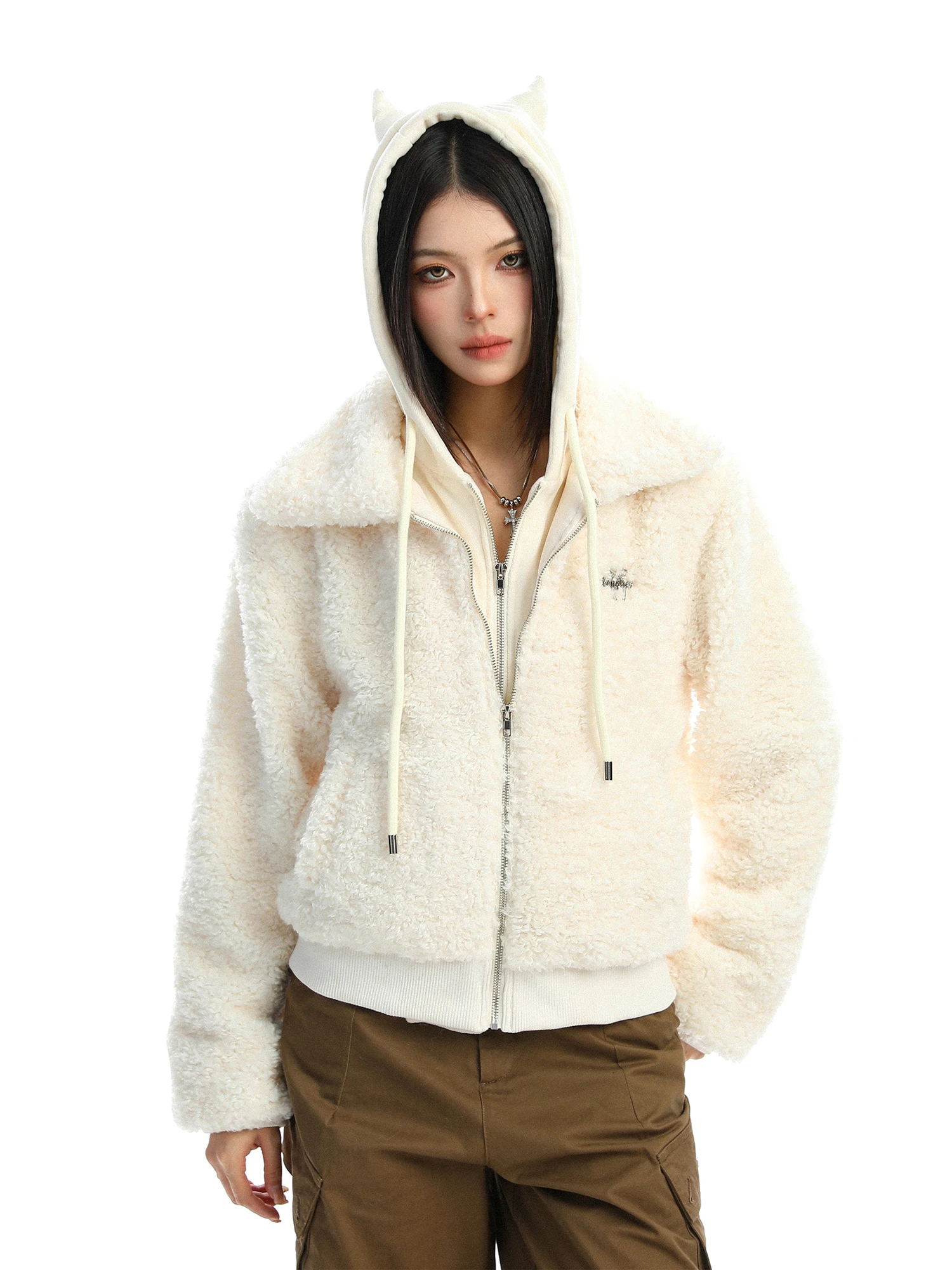 

Women's Thiened Lamb Velvet Demon Horn Hooded Cotton Jaet Winter Warm Loose Cotton Coat Outerwear Retro Sle Zipper ket
