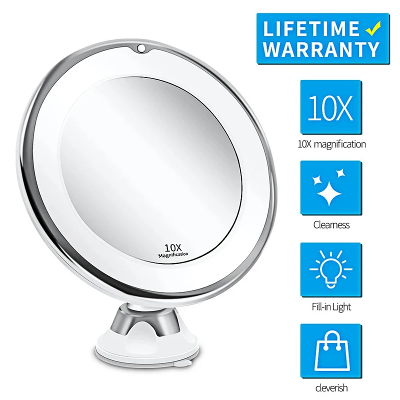 

Flexible Gooseneck 6.8" 10x Magnifying LED Lighted Makeup Mirror, Bathroom Magnification Vanity Mirror with Suction Cup, 360 Deg
